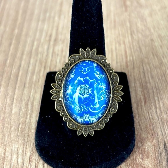 Blue and White Floral Print Victorian Style Adjustable Ring, Handmade, N… - Picture 2 of 4